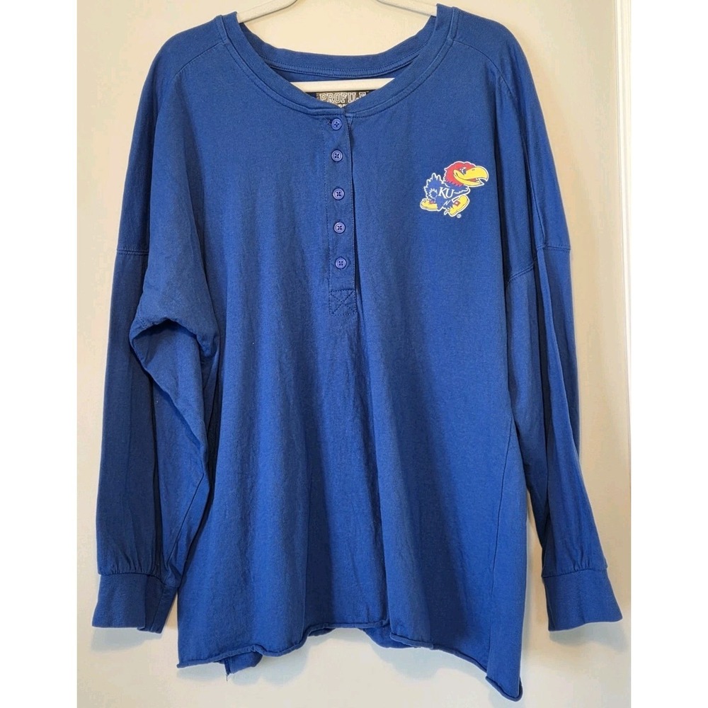 KU Henley Shirt Kansas Jayhawks Womens 2XL Blue Rock Chalk Long Sleeve NCAA
